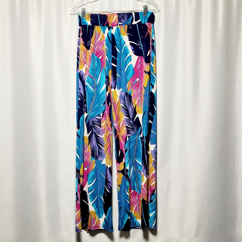 Fashque Studio Palazzo Pants Vibrant Leaf Print High Waist Flowy Women's (L)